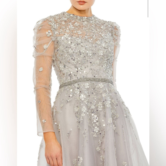 Embellished gathered long sleeve a-line gown - Picture 3 of 7